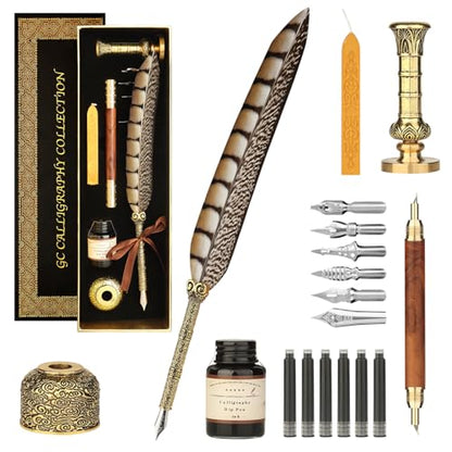 Calligraphy Pen Set - Feather Dip Pen,Dual Tip Calligraphy Fountain Pen | Stamp, Wax Candle, Pen Base, Ink Bottle, Ink Cartridges L492