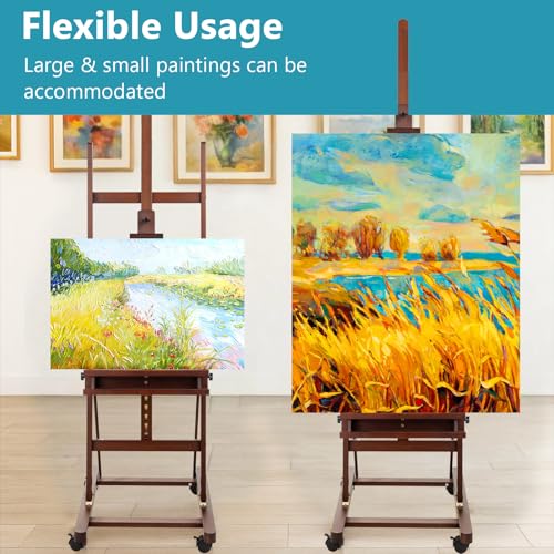 H-Frame Studio Easel with Wheels, Beechwood Artist Easel Storage Tray, Adjustable Floor Easel Stand Holding Canvas up to 51Inches for Painting, Brown - style: Basic Walnut
