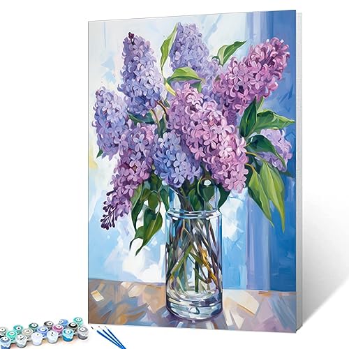 Tucocoo Paint by Number Blue Lilac in a Glass Vase Flowers DIY Painting On Canvas with Brushes Acrylic Paints Graffiti Paint by Numbers for Adults Kids Students Beginner 16x20 Inch（Without Frame） - color: Flower in Vase 01, size: 16''x20''(Frameless)