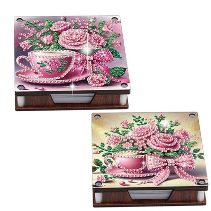 JISHSHAY 2 PCS Diamond Art Note Box Flower Diamond Painting Note Pad Holder Tea Cup Gem Painting Gem Art Memo Boxes Mosaic Kits for Adults Embroidery Kit Memo Pad Holder, Contains 120 Sheets of Paper - color: Flower 1