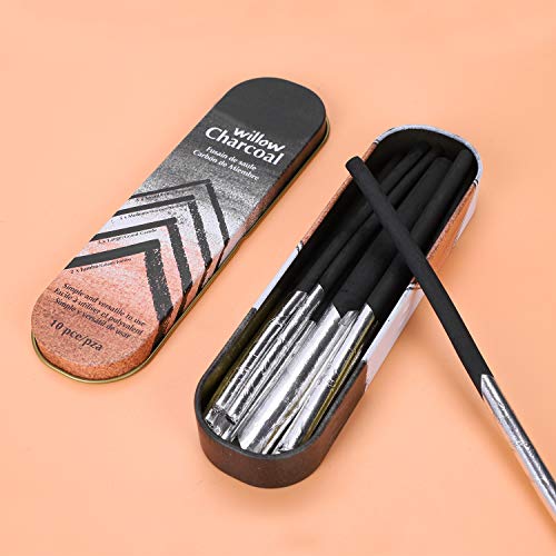 SIQITECHNO Willow Charcoal Sticks Sketch Charcoal Black Charcoal Sticks Set Artist Vine Charcoal Sitcks Vine Willow Charcoal Pencils for Drawing Shading Art Supplies 10Pcs 4Size Assorted 4.5-9mm