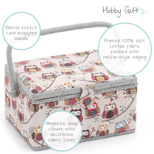 Hobby Gift Medium Sewing Box Organiser, Fabric Covered Storage Box with Handle, Internal Tray, Pin Cushion and Pocket for Sewing, Quilting and Knitting Supplies - color: Hoot