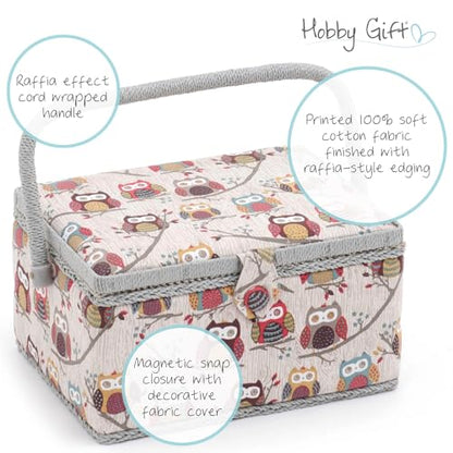 Hobby Gift Medium Sewing Box Organiser, Fabric Covered Storage Box with Handle, Internal Tray, Pin Cushion and Pocket for Sewing, Quilting and Knitting Supplies - color: Hoot