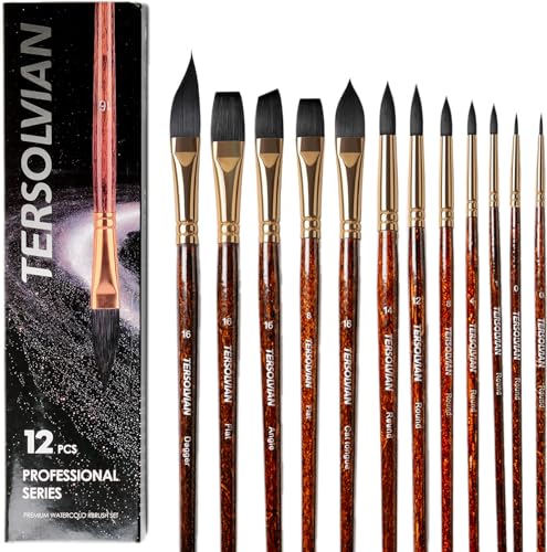Watercolor Brushes, 12 Pieces Squirrel&Nylon Blend Hair Paint Brush for Artists Shed Resistant Pointed Round, Flat, Dagger, Cat's Tongue Professional Set for Watercolor, Gouache, Acrylic