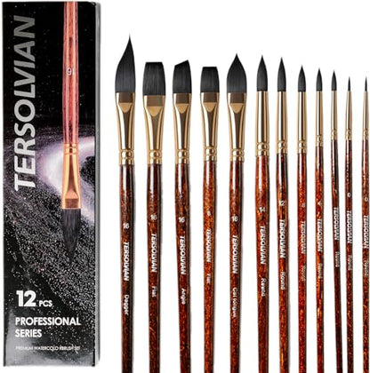 Watercolor Brushes, 12 Pieces Squirrel&Nylon Blend Hair Paint Brush for Artists Shed Resistant Pointed Round, Flat, Dagger, Cat's Tongue Professional Set for Watercolor, Gouache, Acrylic