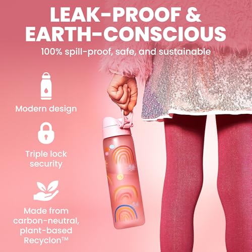 Ion8 Leak Proof Slim Water Bottle - 500ml/18oz, Pink Rainbow - BPA-Free Odor Resistant Recyclon Polymer with One-Touch Flip Lid, Carry Loop, No Straw - Dishwasher Safe, Cupholder/Backpack Friendly - color: Rainbows, size: 18oz / 500ml