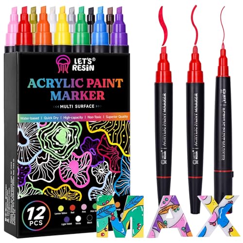 LET'S RESIN 12 Colors Acrylic Paint Markers, 3 Tips Multi-Purpose & High-Capacity Acrylic Paint Pens, Perfect Resin Supplies for Resin Crafts, Rock, Stone, Canvas, Glass, DIY Making Art Supplies