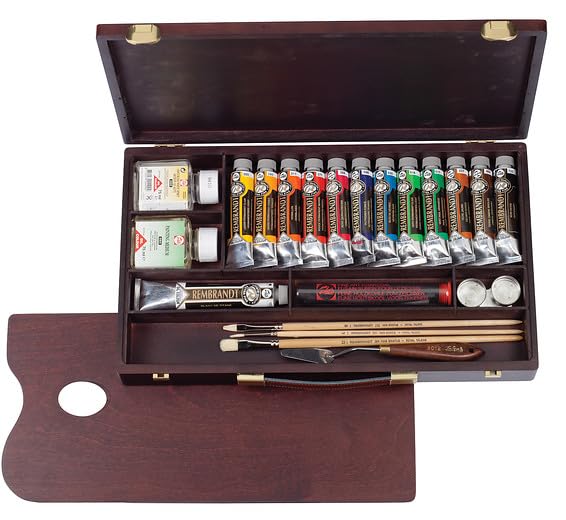 Rembrandt Oil Color Paint Professional Wood Box Set, 12x40ml Tubes + 1x60ml Tube + 11 Accessories