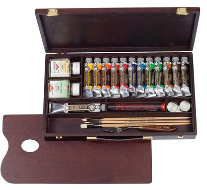 Rembrandt Oil Color Paint Professional Wood Box Set, 12x40ml Tubes + 1x60ml Tube + 11 Accessories