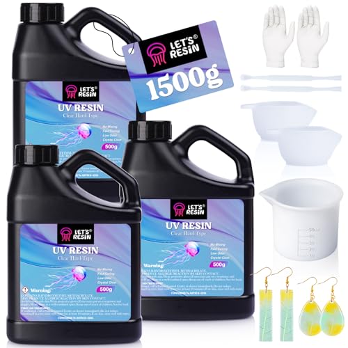 LET'S RESIN UV Resin, 1500g Odorless, Low Shrinkage, Clear Ultraviolet Epoxy Resin with Silicone Measuring Cups, for Jewelry, Molds, Craft Decoration - size: 1500g