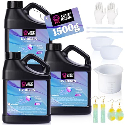 LET'S RESIN UV Resin, 1500g Odorless, Low Shrinkage, Clear Ultraviolet Epoxy Resin with Silicone Measuring Cups, for Jewelry, Molds, Craft Decoration - size: 1500g