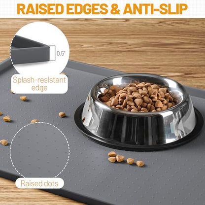 Hubulk Dog Feeding Mat,100% Waterproof BPA Free Silicone Pet Food and Water Bowl Placemat,Dishwasher, High Raised Edge to Prevent Spills,Nonslip Tray to Stop Messes on Floor (19"x12"x0.5", Grey) - color: Grey, size: 19"l X 12"w