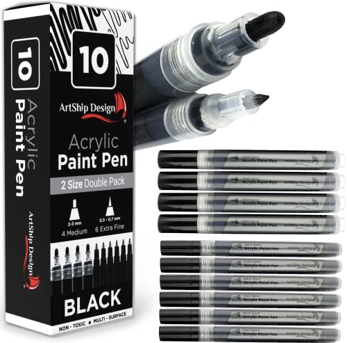 ArtShip Design 10 Black Acrylic Paint Pens, Double Pack of Both Extra Fine and Medium Tip Paint Markers, for Rock Painting, Mug, Ceramic, Glass, and Fabric Painting, Water Based Non-Toxic and No Odor - color: Black