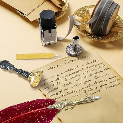 Quill Pen and Ink Set with Wax Seal Stamp - Red Feather Calligraphy Set for Beginners, Antique Dip Pen with 18 Nibs & Stand, Gift Boxed - color: RedFeather