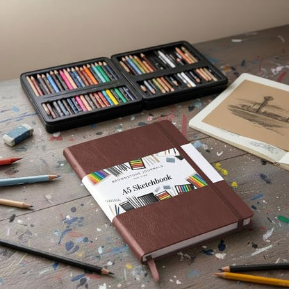 BROWNSTONE JOURNALS A5 Sketch Book Hardcover - 80 Sheets 100 GSM Paper 5"x8", Lay Flat, Vegan Leather Cover, Elastic Band, Back Pocket, Art Drawing Book (Chestnut Brown) - color: Chestnut Brown, size: A5 (5" x 8")