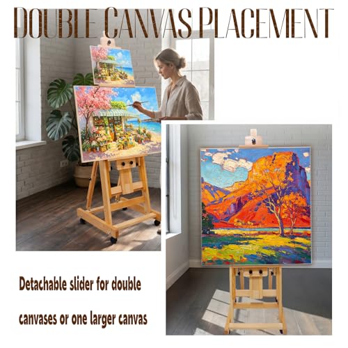 H-Frame Easel for Painting, Adjustable Beech Wood Studio Floor Easel, Holds 2 Canvases up to 77" with Tilting Flat, Heavy Duty Artist Easel Stand for Adults, All Media Versatile
