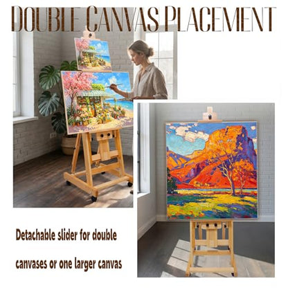H-Frame Easel for Painting, Adjustable Beech Wood Studio Floor Easel, Holds 2 Canvases up to 77" with Tilting Flat, Heavy Duty Artist Easel Stand for Adults, All Media Versatile