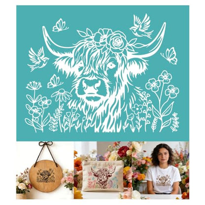 2 Sheets Highland Cow with Floral Silkscreen Stencil, Farmhouse Cow Self-Adhesive Silk Screen Printing Stencils Reusable Mesh Stencil for Painting on Wood, T-Shirt, Home Craft - color: Highland Cow