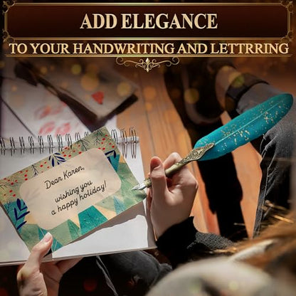 Feather Quill Pen and Ink Set – Stainless Steel Dip Pen Writing Quill and Ink Set with 5 Replacement Nibs, Non-Slip Knurled Grip, Display Stand and Elegant Gift Box – Calligraphy Gift Set (Turquoise) - color: Turquoise