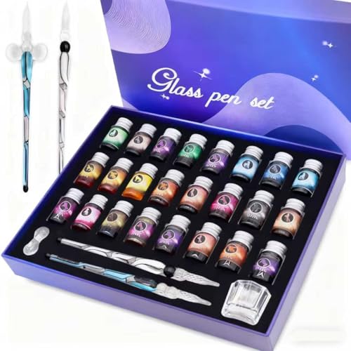 Glass Dipped Pen Ink Set Handmade Crystal Calligraphy Pen with 24Colorful india ink for Art, Signatures, Drawing, Decoration, Caligraphy Kits for Beginners