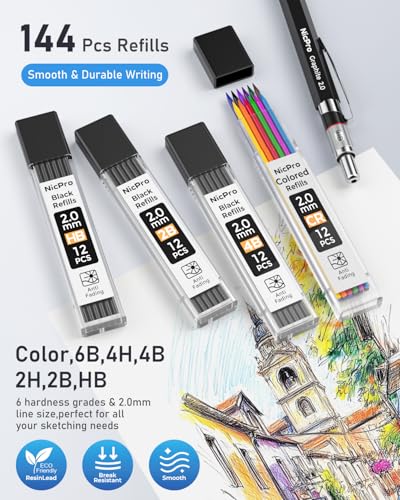 Nicpro 2mm Metal Mechanical Pencil Set with Case, 3PCS Lead Pencil Holder 2.0 mm with 144PCS Lead Refills (4H 2H HB 2B 4B 6B Color), Eraser, Sharpener for Drafting Writing Drawing Sketching - size: 3 Pack