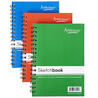 Artlicious Sketch Book 6 Pack - 5.5" x 8.5" - Small Spiral Sketch Books - Drawing Notebook - Sketchbook for Drawing Art - 6 Pack 360 Sheets White Paper