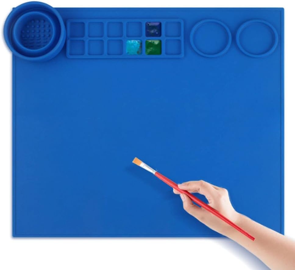Silicone Painting Mat with Paint Trays and Brush Cleaner Cup, Waterproof Art Mat for Kids Adults DIY Crafts, Non-Stick Craft Mat for Table Protection, Blue - color: Orange