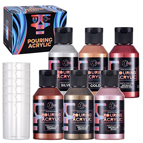 OPHIR Metallic Acrylic Pouring Paint Set,3.8OZ/Bottle,Premixed Metallic Pour Paint Gold,Silver,Copper,Bronze,High Flow Water-Based Acrylic Pour Paint Supplies for Pouring on Canvas,Wood,Rocks,6 Colors - color: 6 Metallic Colors Set