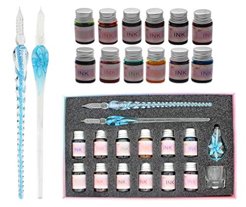 XIAOYU Glass Dip Pen Ink Set, 16 Pieces Calligraphy Pens Set - 12 Colorful Inks, Pen Holder, Cleaning Cup, 2 Crystal Glass Pens for Writing, Signature - Light Blue - color: Light Blue