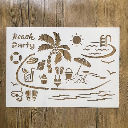 TIAMECH A4 Reusable Summer Beach Party Stencil for Painting | Tropical Seaside Layering Template, DIY Wall Art, Wood Furniture, Scrapbook & Crafts (8.3x11.7inch) - style: Summer Beach Party