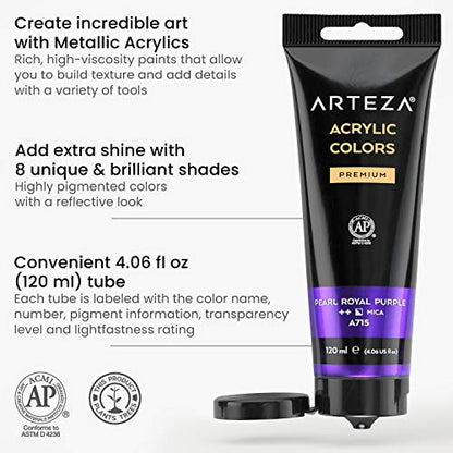 ARTEZA Metallic Acrylic Paint, Set of 8 Vibrant Essentials Colors 4.06oz Tubes, Rich Pigments, Non-Fading, Paints for Artists & Hobby Painters - style: 8 x 120ml (4.06 fl oz) Vibrant Essentials