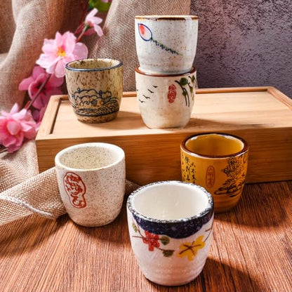 Japanese Style Ceramic Sake Cups Set of 6, Hand-Painted Ceramic Sake Glasses for Saki, Tea, Dessert, Microwave & Dishwasher Safe Small Drinking Cups for Home Kitchen Bar Tableware