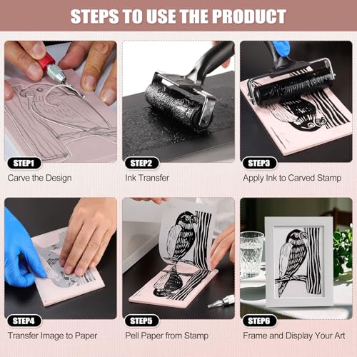 Bobblebro Linoleum Blocks for Printmaking, Stamp Making Carving Linocut Kit for Kids DIY Gift, Rubber Stamp Carving Screen Printing Kit with 4 Colors Block Printing Ink, Rubber Block, Linocut Tools