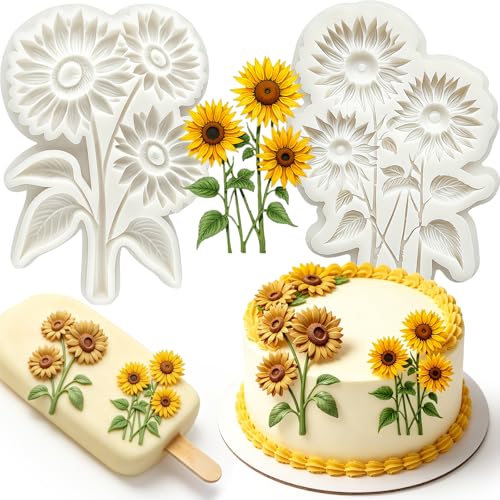 2Pcs 3D Sunflower Silicone Molds Floral Stems Leaves Cake Decorating Fondant Molds for Cupcake Toppers Chocolate Candy Making Gum Paste Sugarcraft Baking Bakeware Supplies Party Food Grade - color: Sunflower silicone mold