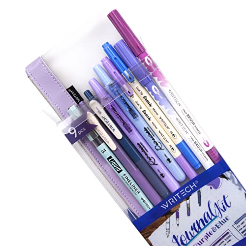 WRITECH Journaling Kit, Gel Ink Pens/Retractable Highlighters/Dual Tip Brush Pens/Fineliner Pens, Smooth Writing Assorted Colors Journaling Supplies, 9 Count with Pen Bag (Haze blue & purple) - color: Blue & Purple, size: 1 Count (Pack of 9)