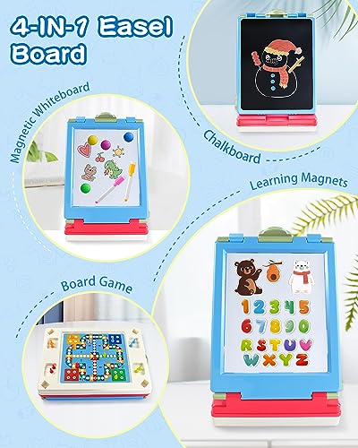 Elovien Easel for Kids, 4 in 1 Double Sided Toddler Art Easel with Chalkboard & Magnetic Whiteboard, Foldable Kids Tabletop Easel with Drawing & Writing Accessories - Gift for Boys and Girls (Blue) - color: Blue