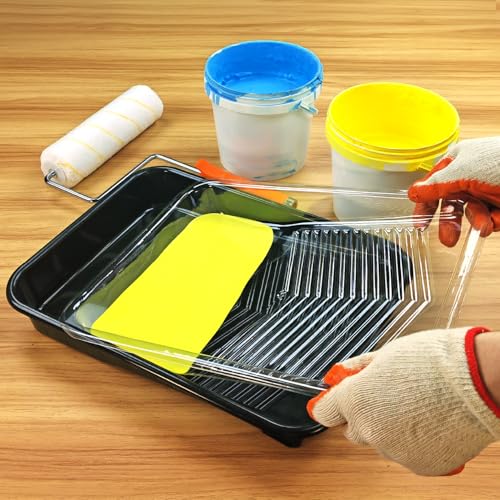 Great Andrew 9 Inch Paint Tray Set, 15-Pack, Plastic Paint Tray with 12 Textured Tray Liners, Paint Brush, Paint Roller and Wire Roller Frame for Painting Walls, Ceilings, Trim, Siding - size: 15 Pack Liners Kit, 9 In