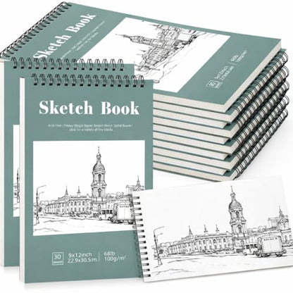 12 Pack Sketch Book, 9 x 12 Inch Sketchbook, 68lb/100gsm Top Spiral Bound Sketch Pad, Acid Free Art Supplies Drawing Painting Sketching Paper for Adults, Beginners, Artists (30 Sheets Each) - color: Light Cyan, size: 9 × 12Inch（12 Pack）
