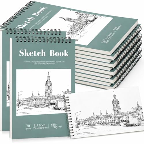 12 Pack Sketch Book, 9 x 12 Inch Sketchbook, 68lb/100gsm Top Spiral Bound Sketch Pad, Acid Free Art Supplies Drawing Painting Sketching Paper for Adults, Beginners, Artists (30 Sheets Each) - color: Light Cyan, size: 9 × 12Inch（12 Pack）