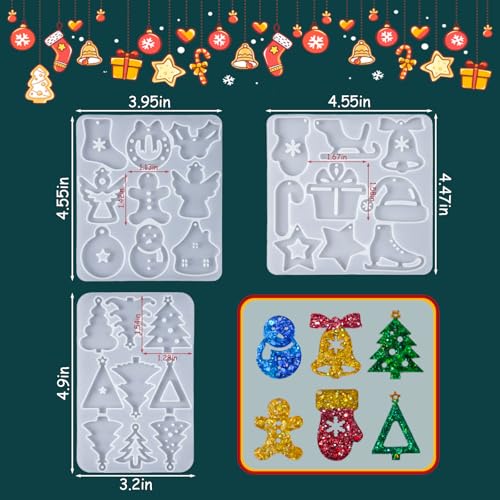 Christmas Resin Earring Molds with Varieties of Shapes and Sizes, Christmas Tree Snowman Angel Silicone Mold with Hole, Pendant Earrings Keychain Jewelry Resin Casting Mold New Year Gift