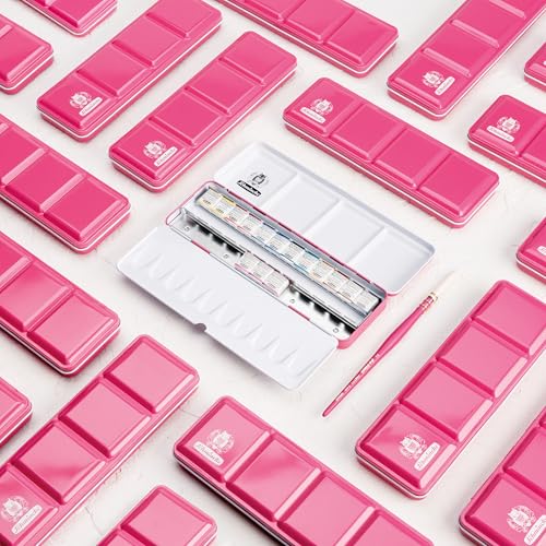 Schmincke - HORADAM® AQUARELL Paint Box Pink Lacquered Metal Box with 15 Half Pans, 12 Standard Colors + 3 Pink Shades, incl. Watercolor Brushes, 74663097