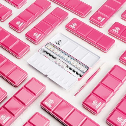 Schmincke - HORADAM® AQUARELL Paint Box Pink Lacquered Metal Box with 15 Half Pans, 12 Standard Colors + 3 Pink Shades, incl. Watercolor Brushes, 74663097