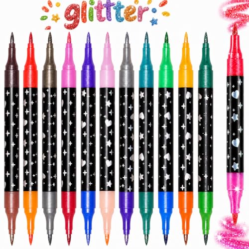 Glitter Markers, 24 Colors Dual Tip Brush Pens, 12 Pack Sparkle Paint Pens for Kids Crafts, Journaling, Card Making, Coloring Books and Scrapbooking - color: 24 Colors