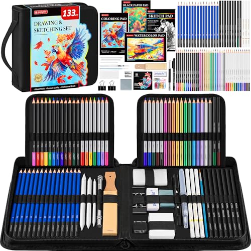 133 Pack Art Supplies Sketching Kit with Sketch Book, Coloring Book, Watercolor Pad, Black Paper Pad, Tutorial, Graphite Colored Charcoal Watercolor & Metallic Pencils for Artists Beginners Adults - color: Black, size: 133 Pack