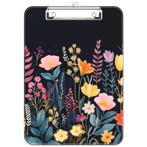 Plastic Cute Clipboard Low-Profile Metal Clip, A4 Letter Size 9 x 12.5 in, 8.5 x 11 Paper Clip Board for Teachers, Nurses, Classroom,Black Flower - color: Black Flower