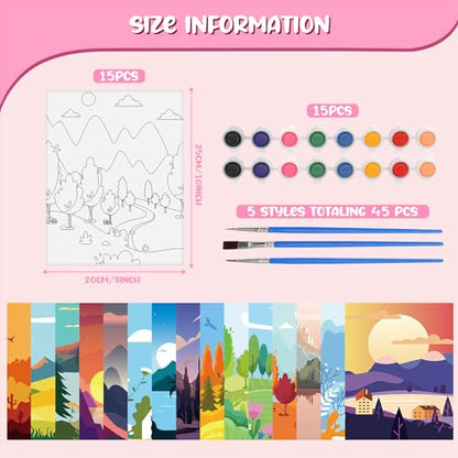 Sherr 75 Pcs 15 Set Sceneries Pre Drawn Canvas Kit for Painting Craft Sip and Paint Kit for Adults Summer Pre Printed Canvas Painting Favor for Virtual DIY Birthday Gifts Adult's Date Party - style: Sceneries