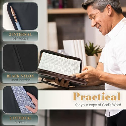 Christian Art Gifts Classic Premium Vegan Leather Inspirational Bible Cover for Men & Women: Names of Jesus, Encouraging Heat-Debossed Scripture, Sturdy Carry Case, Pen Loops, Pockets, Brown, XL - size: Extra Large