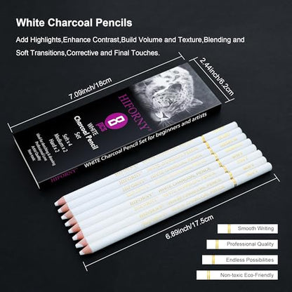 HIFORNY 8 Pieces White Charcoal Pencils Drawing Set for Drawing, Sketching, Shading, Blending - Chalk Pencils for Beginners & Artists