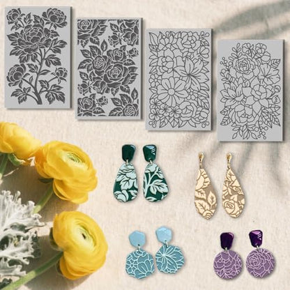 4 Pcs Large-Scale Floral Pattern Polymer Clay Texture Sheet Rubber Clay Texture Mat for Polymer Clays Making Earrings Jewelry DIY Crafts, 4 × 2.5 Inch - style: Large-scale Floral
