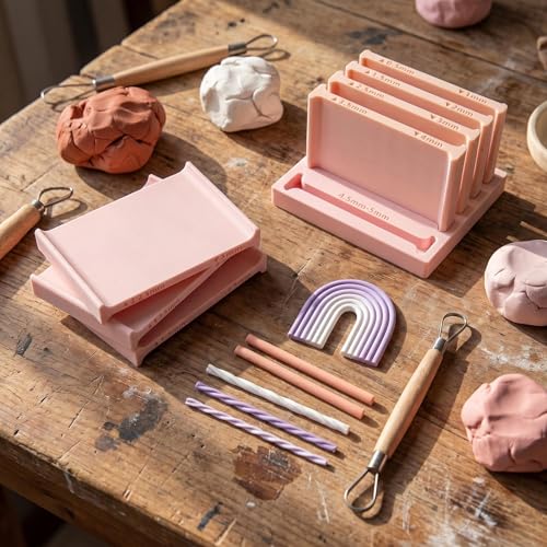 Polymer Clay Thickness String Roller Tool, 5 Size Even-Thickness Guides with Base, Strip Cutter for DIY Earrings, Jewelry Making and Clay Art (Pink) - color: Pink
